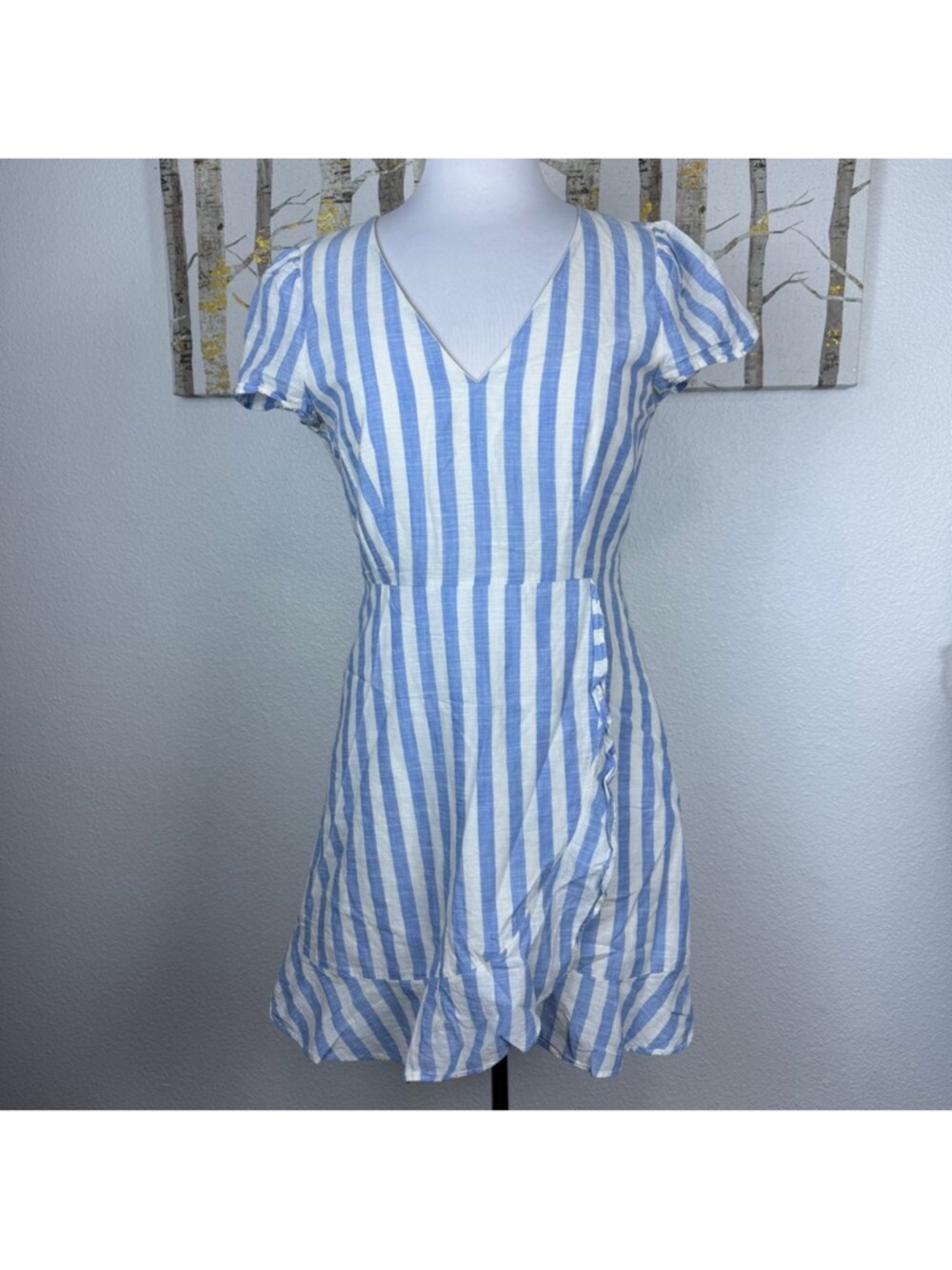 J Crew Factory Striped Faux Wrap Ruffle Mini Dress Chambray Blue White 6